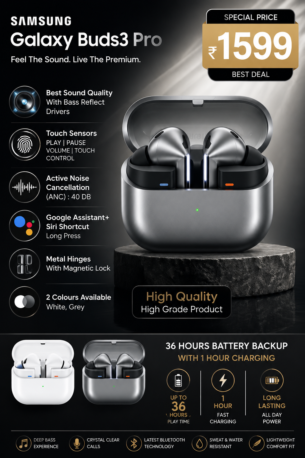 Samsung Galaxy Buds3 Pro Wireless Earbuds | ANC 40dB | 36H Battery | Touch Control | Bass Reflect Drivers