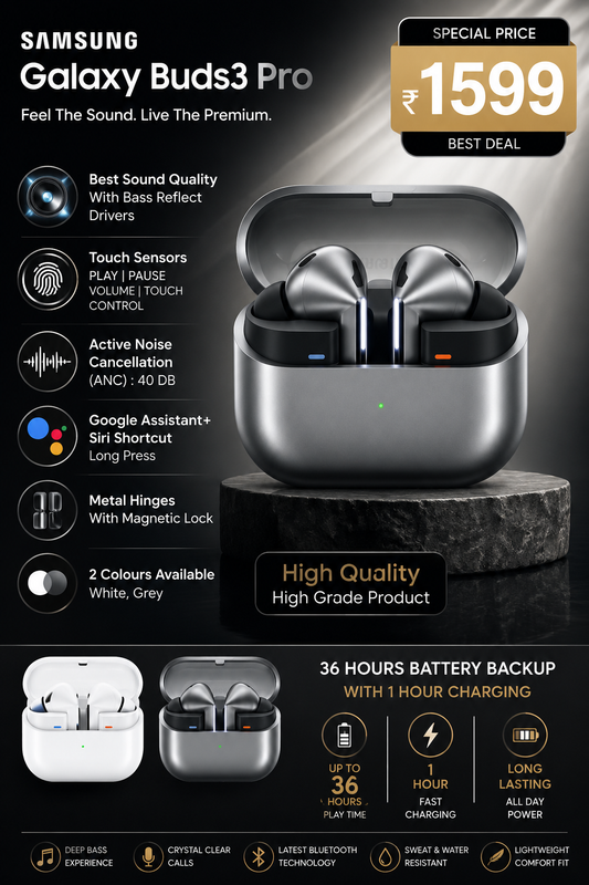 Samsung Galaxy Buds3 Pro Wireless Earbuds | ANC 40dB | 36H Battery | Touch Control | Bass Reflect Drivers